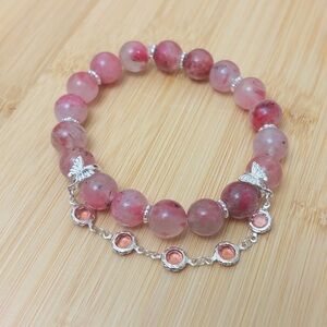 Crystal Ice rhodonite bead bracelet w/Butterfly Accents
